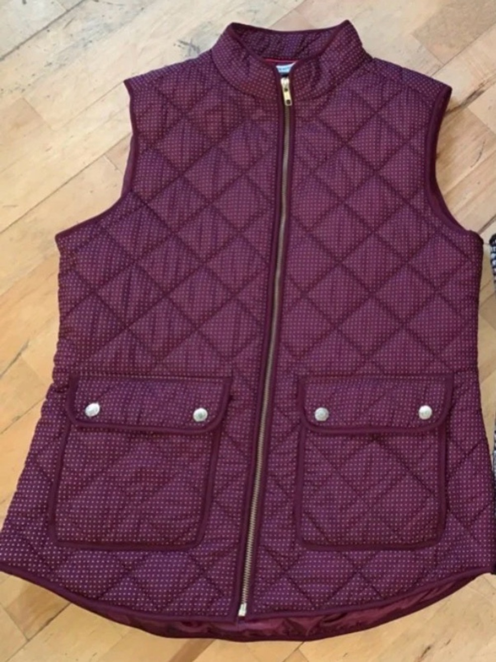 Catherine Malandrino Quilted Sleeveless Vest in Burgundy with Polka Dots